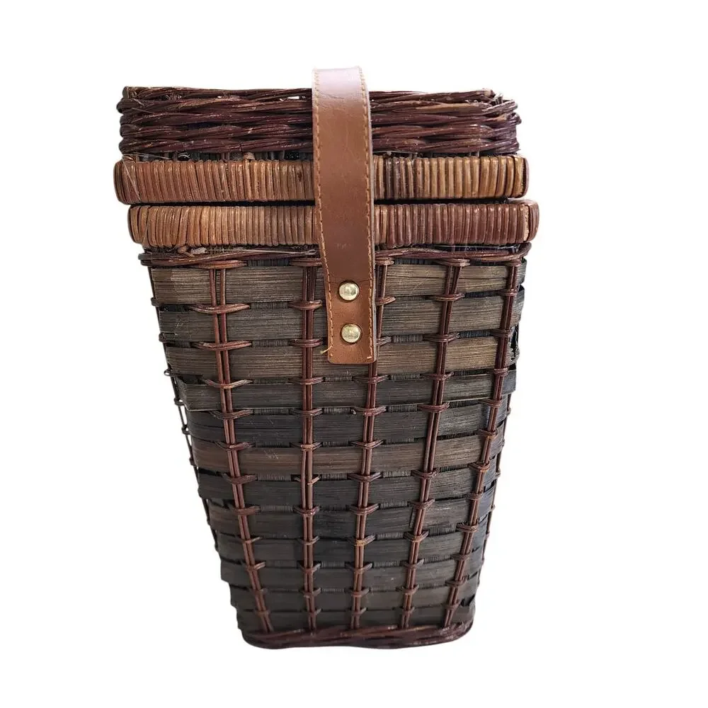 Pier 1 Vintage Wicker Rattan Picnic‎ Basket Service for Two Plaid Lined Utensils